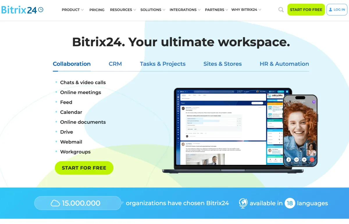 Bitrix24 homepage showing the workspace on a laptop and a phone
