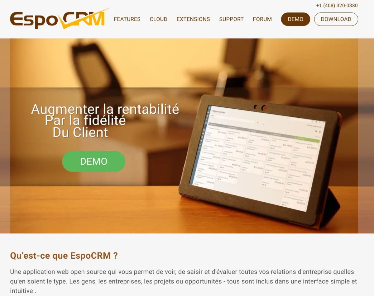 EspoCRM website showing the opportunities pipeline on a tablet