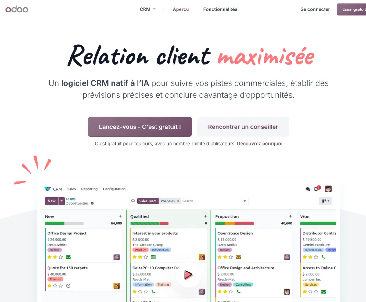 Odoo CRM pipeline view with New, Qualified, Proposition and Won columns