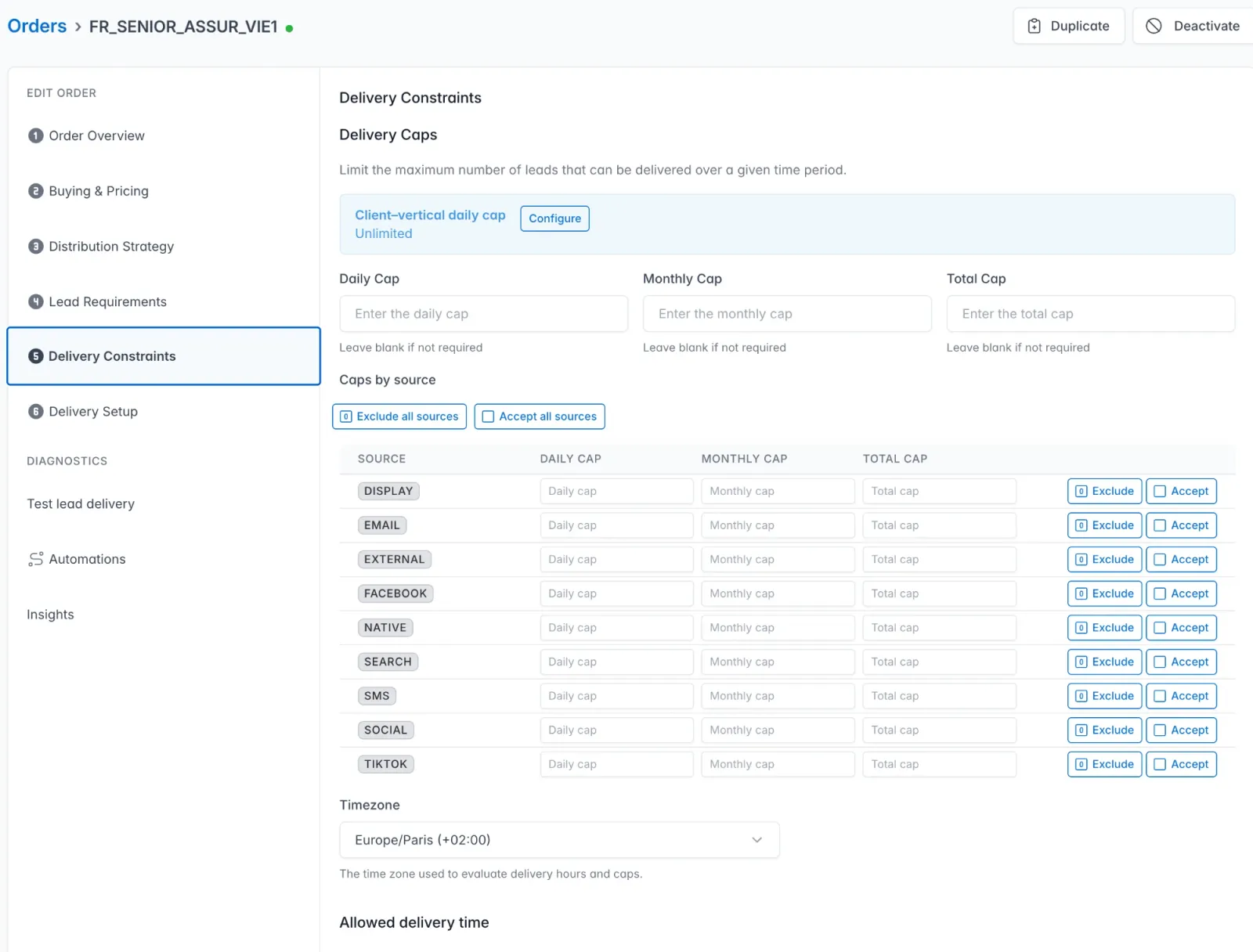Vertikl order settings, delivery constraints step: daily, monthly and total caps, caps by source with exclude and accept toggles, time zone and allowed delivery time